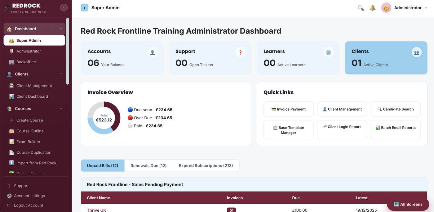 RedRock LMS live demo dashboard